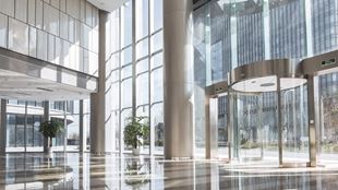 large glass building lobby