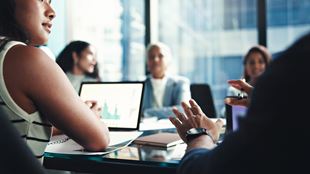 Finance, hands and laptop screen with business people in office boardroom for investment opportunity. Growth, portfolio and proposal with financial colleagues in workplace for wealth management