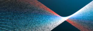 Digital wave of pixels in a twisting field of blue