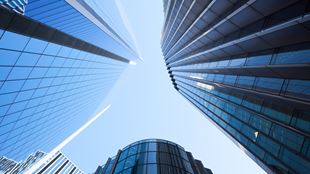  Low angle view of skyscrapers in London financial district