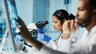 Diverse team of scientific researchers using microscope in a medical lab setting 
